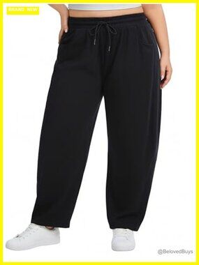 Plus Size Barrel Leg Sweatpants High Waisted Wide Leg Cotton Drawstring Pockets